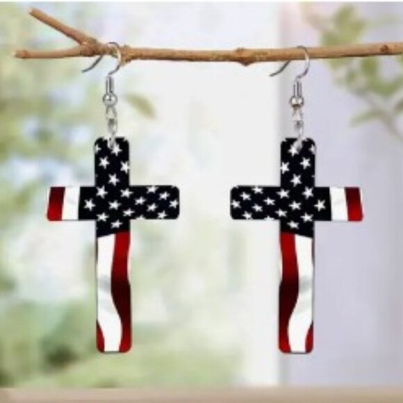 Acrylic Star Flag Drop Earrings Cross Shape Dangling Style Patriotic Fashion - Picture 1 of 3